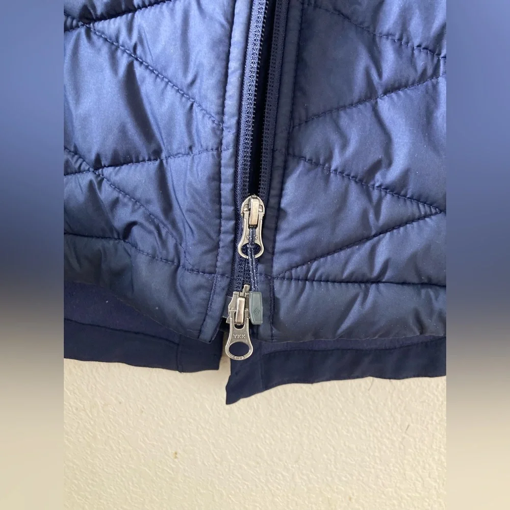 Columbia Navy Blue Mid thigh length Puffer Jacket lightweight contoured fit XS - Picture 10 of 14